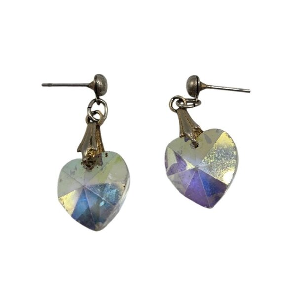 Vintage Iridescent Heart-Shaped Crystal Drop Earrings With Silver-Tone Posts For - Picture 2 of 2